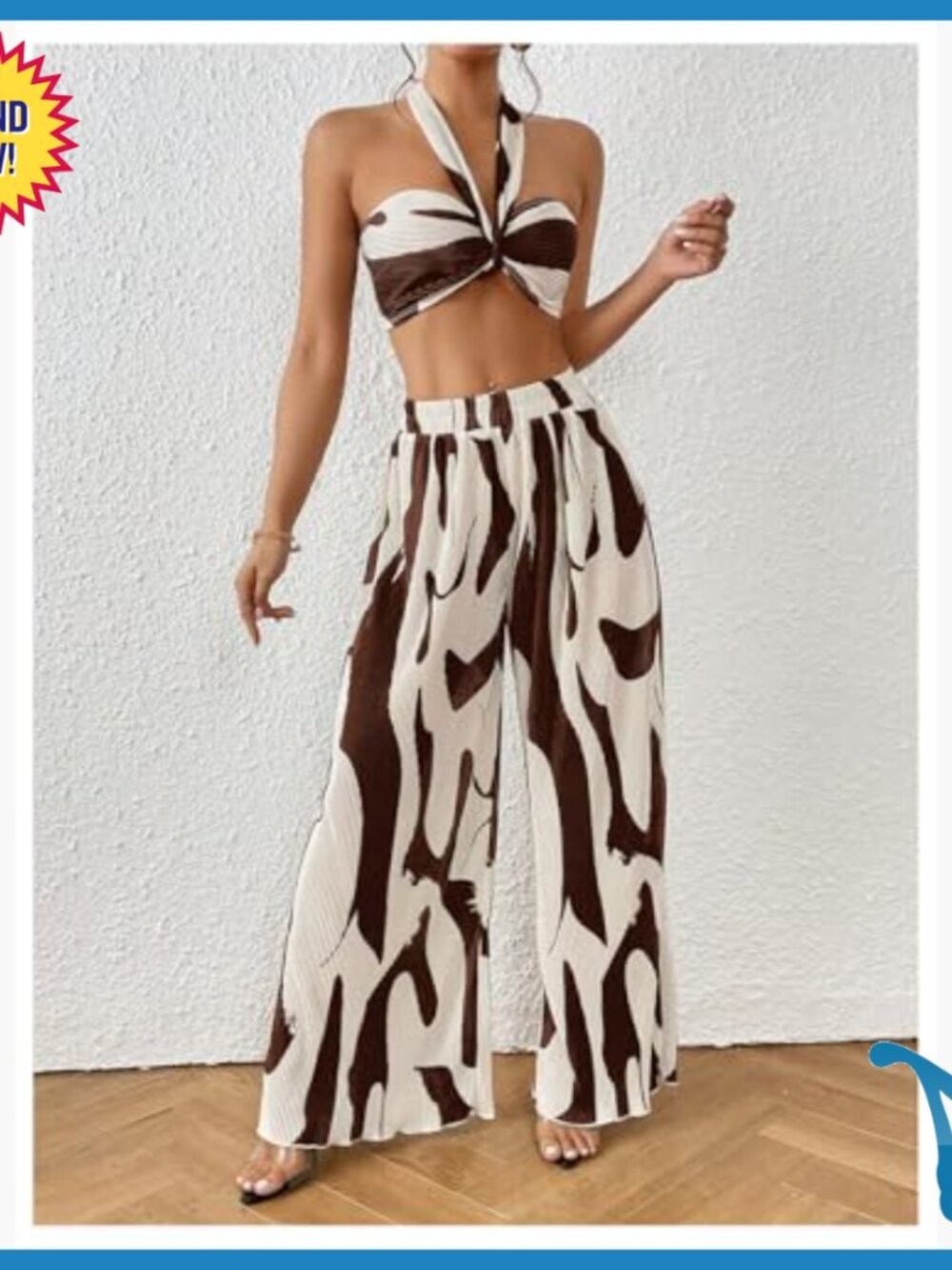 Knitted Crop Halter Top and Wide Leg Pants Set, Polyester, XS - Picture 3 of 7